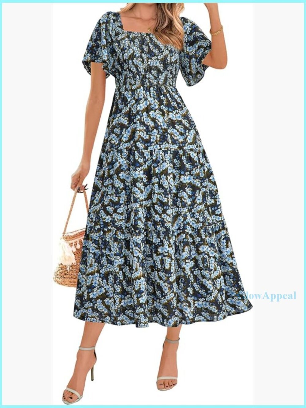 Floral Maxi Dress with Smocked Bust, Square Neck, Side Pockets, Beach Wedding
